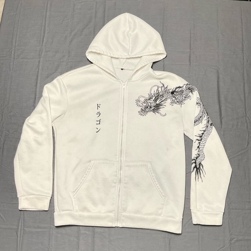 White Dragon Print Men's Crewneck Hood Sweater